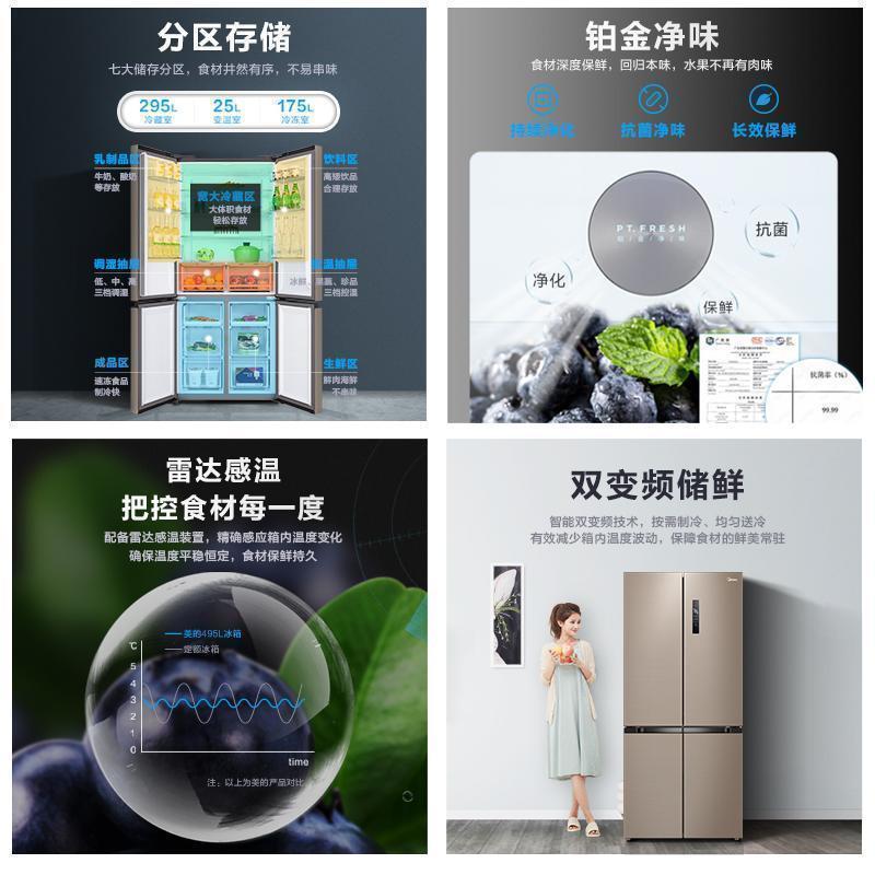 美的(Midea)495升十字对开门家用电冰箱风冷无霜一级能效智能调控变频节能BCD-495WSPZM(E)