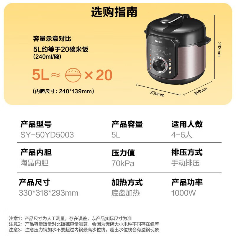 苏泊尔电压力锅5L陶晶内胆机械控温预约功能3-6人牛羊肉专用底盘加热设计高清大图