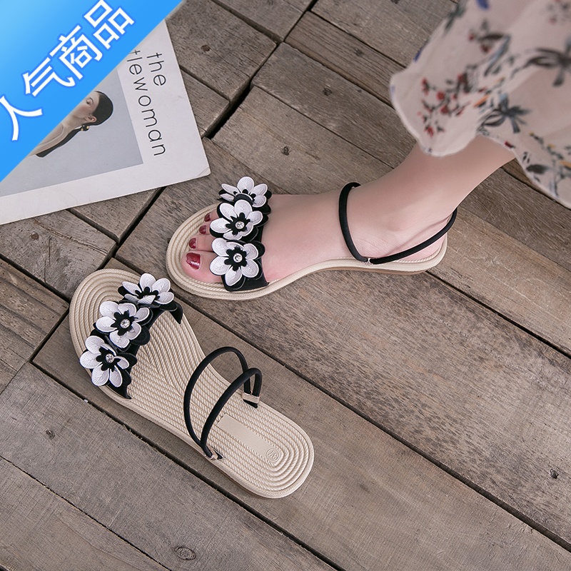 SUNTEK仙女风两穿凉鞋女夏季花朵2023年新款平底一字凉拖鞋外穿沙滩鞋女高清大图
