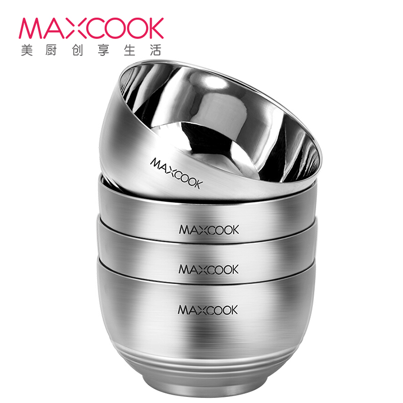 美厨(maxcook)304不锈钢碗 汤碗双层隔热 儿童学生防烫餐具面碗13CM(4只装)MCWA702