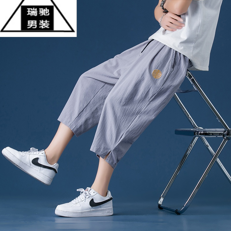 希杰狮王七分裤男夏亚麻男裤短裤青少年运动裤直筒宽松7分裤棉麻休闲