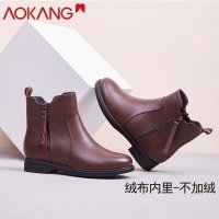 奥康女鞋马丁靴女裸靴英伦复古粗跟女士切尔西加绒短靴女 棕色/绒布内里 36码