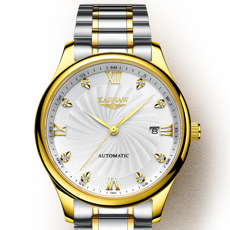 卡梭(kassaw)手表男自动机械表防水真皮精钢带日历休闲商务时尚男表k