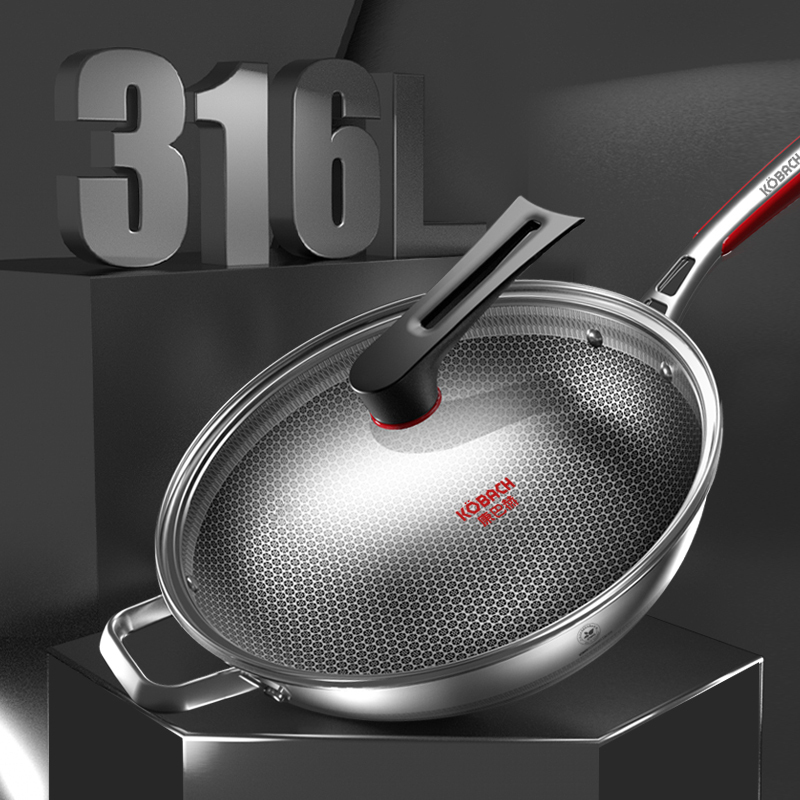 康巴赫乐厨款炒锅不粘锅316L不锈钢炒菜锅34cm加大号少油烟双面花纹Pro蜂窝平底具电磁炉燃气通用高清大图