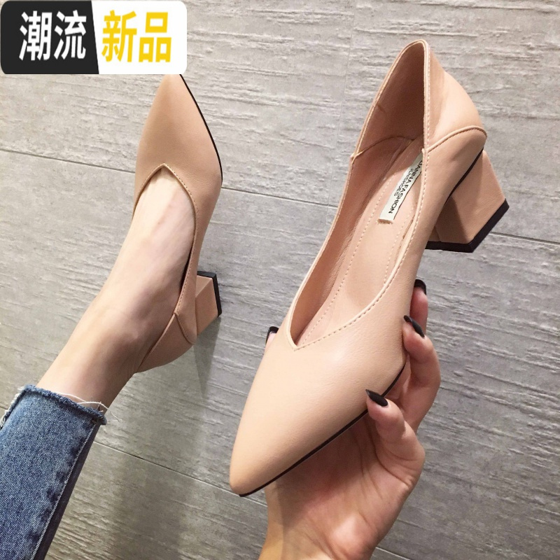 2020春季新款春款单鞋女黑色中跟粗跟高跟鞋豆豆鞋工作尖头奶奶鞋 广赫