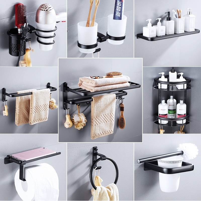 打孔毛巾架太空铝如华福禄卫生间置物架浴巾架卫浴五件套黑色五金挂件
