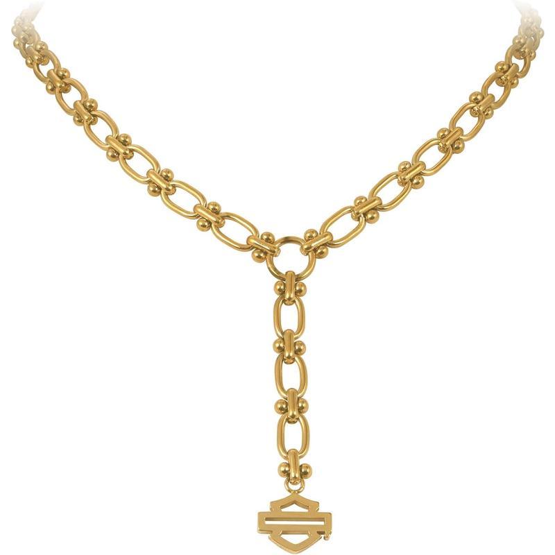 Harley Davidson女士不锈钢Y型链式项链 金色椭圆链环 中心悬挂标志性盾牌吊坠