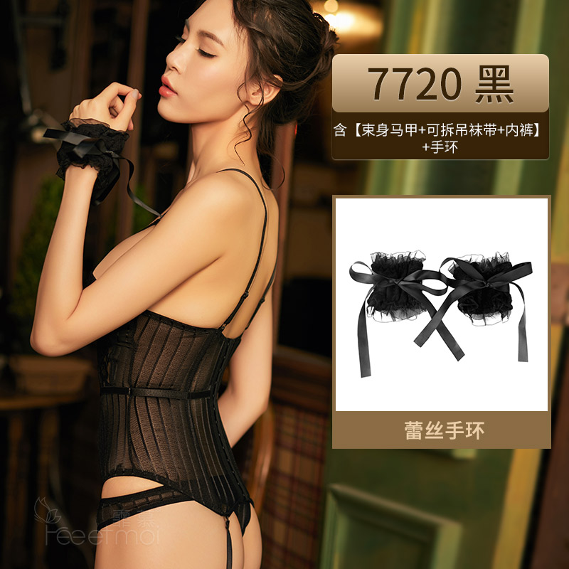 霏慕(Fee et moi)蕾丝透视网纱钢圈聚拢马甲情趣内衣女式情趣睡衣内裤丁字裤透明吊带制服免脱连身渔网袜成人情趣 黑色M束身马甲+可拆卸吊袜带+内裤+手环 M