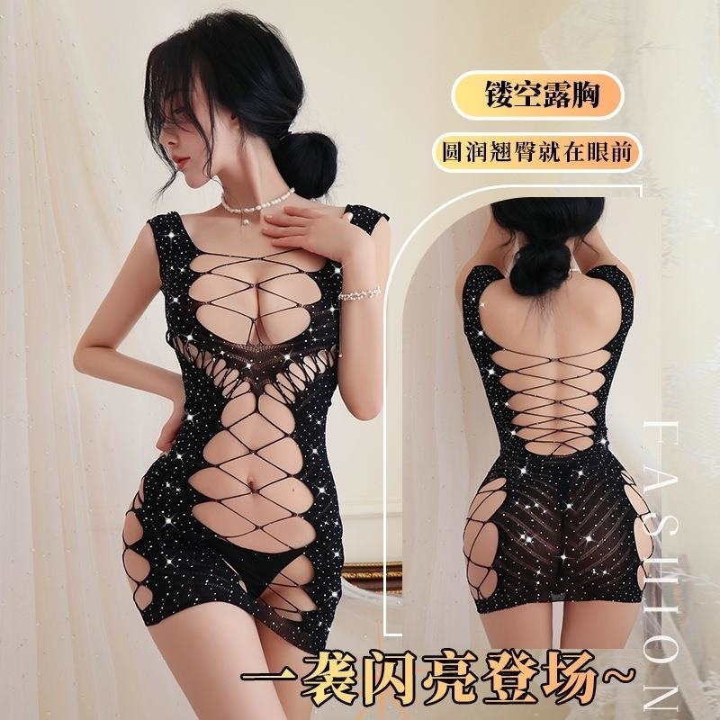 长夜漫漫情趣内衣性感辣妹缕空带钻网衣圣诞制服紧身包臀裙女5213 黑色烫钻款 精装(80-140斤)