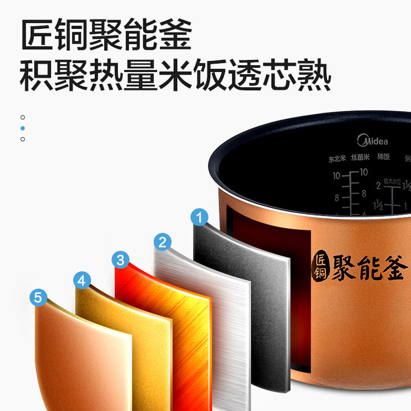 美的(Midea)电饭煲5L/升家用智能预约电饭锅微电脑式大容量24小时预约不粘锅不溢锅内胆厚实耐用WFS5017TM