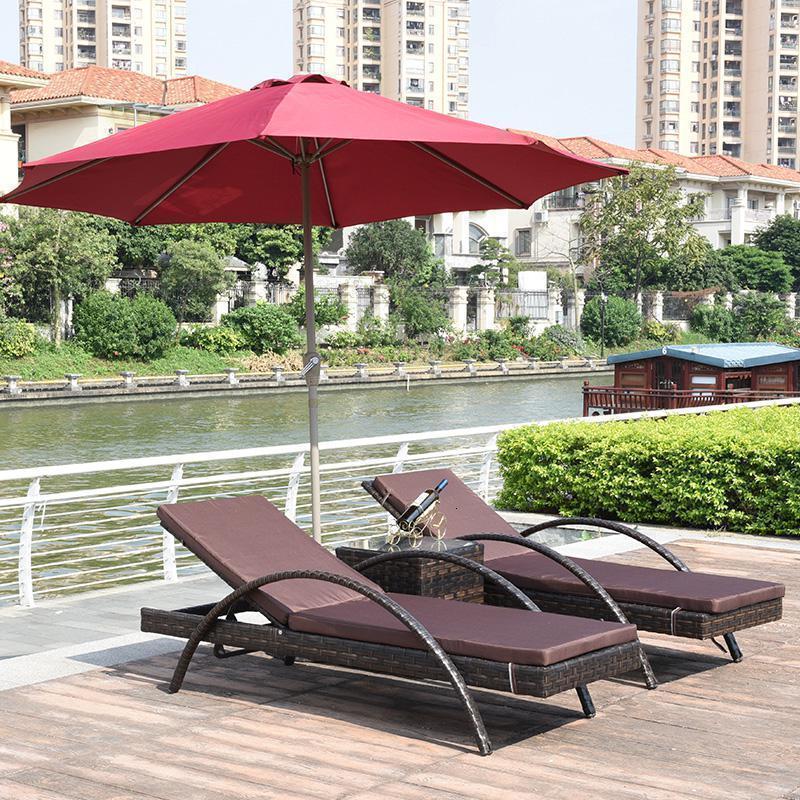 森美人户外躺床庭院编织躺椅防水防晒泳池沙滩椅休闲花园室外藤椅沙发床 B款躺床*2+茶几+中柱伞【不含垫】