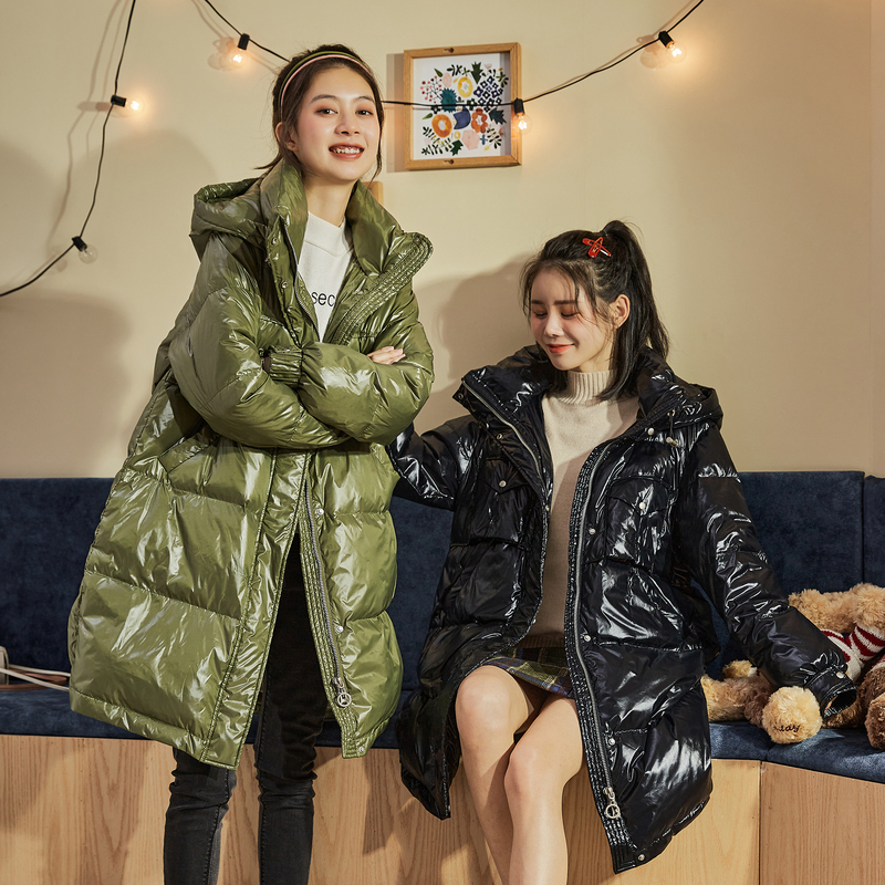 唐狮冬新款羽绒服女亮面中长款连帽工装厚外套学生in韩版潮