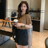 [1.5折价33元]唐狮女圆领左胸硅胶图案净色短袖T恤简约百搭气质显瘦时尚潮