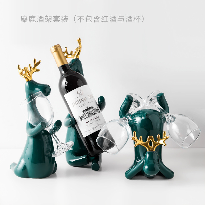 陶瓷小鹿工艺品红酒架摆件创意客厅家用个性麋鹿酒杯装饰品套装 三维工匠 麋鹿酒架套装高清大图