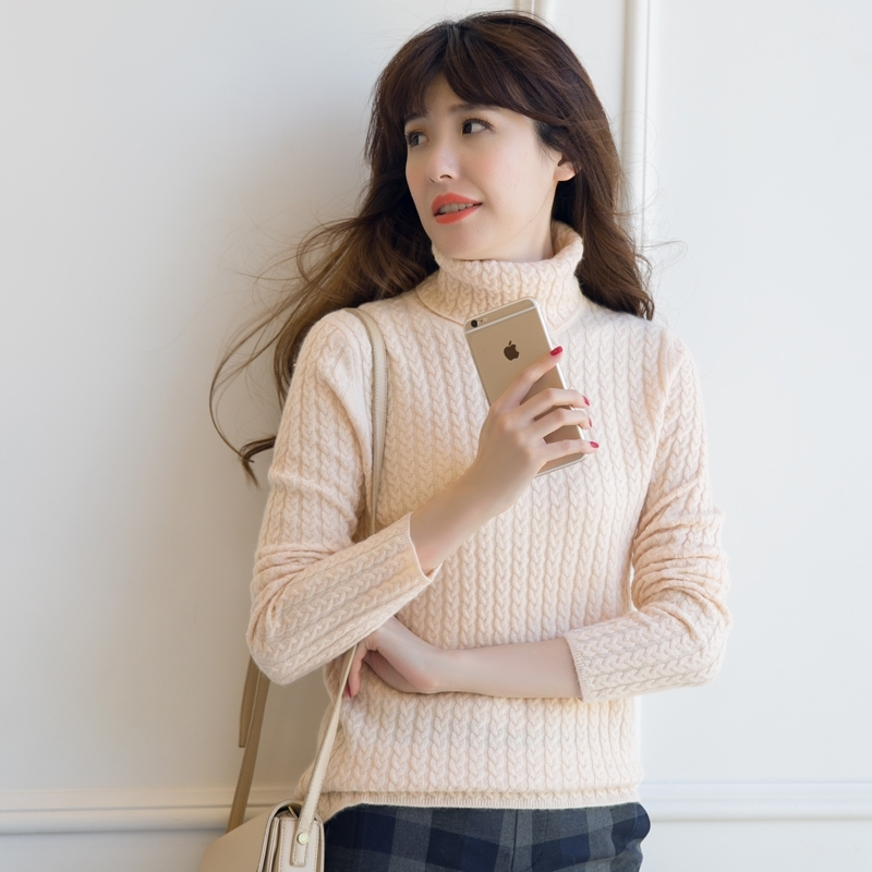 2018秋冬季新款羊绒衫女装翻领修身扭花韩版加厚套头针织衫