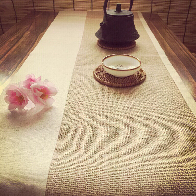 桌旗茶旗茶席茶垫茶道零配日式黄麻茶布棉麻桌垫桌布茶巾桌布麻布麻色黄麻300*35cm(定做款)配6个茶垫