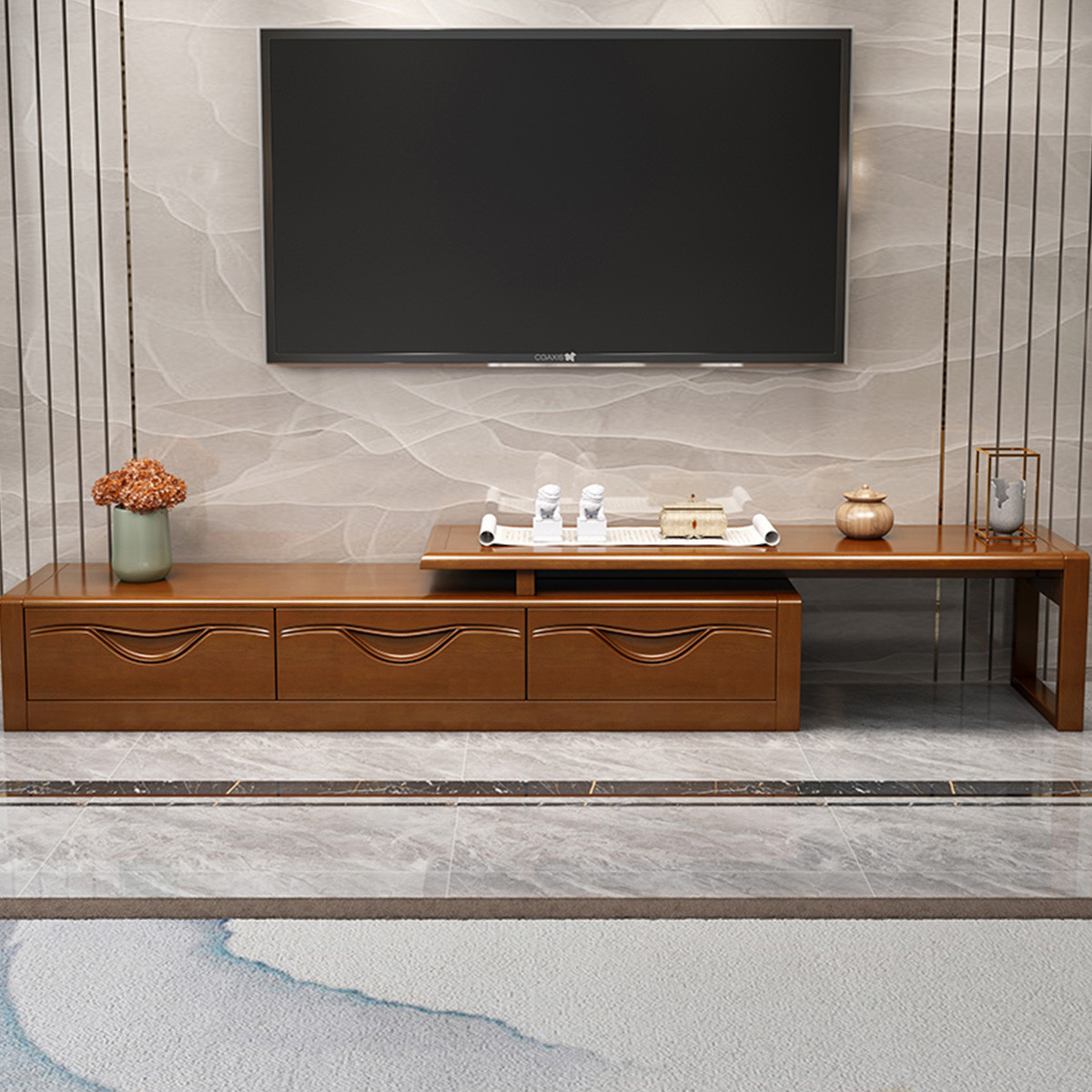 采百木实木中式电视柜现代客厅小户型伸缩多功能卧室地柜影视柜收储物