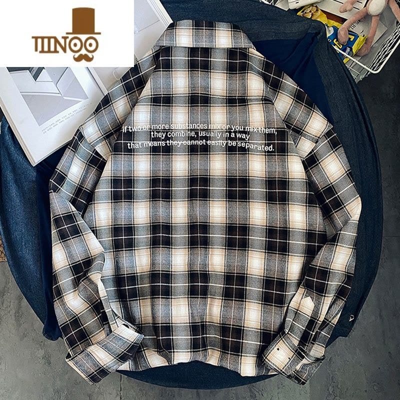 YANXU格子长袖衬衫男款潮牌日系复古衬衣男士休闲宽松百搭寸衫外套图片