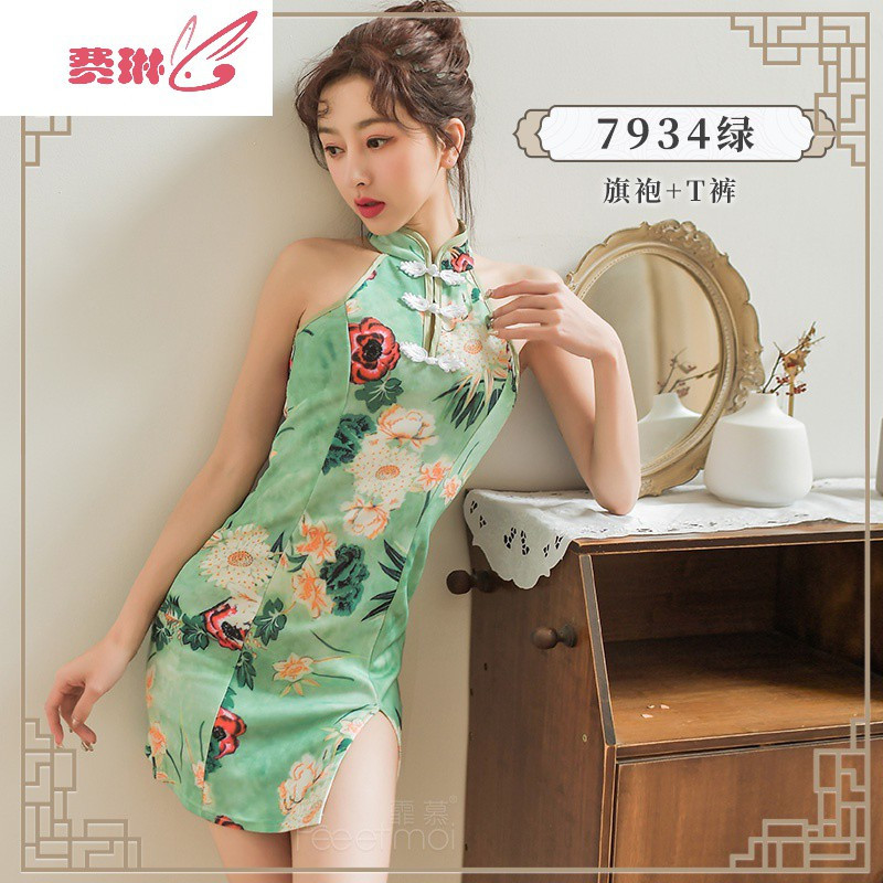 情趣内衣性感印花复古旗袍丝袜透明女骚套装惑费琳