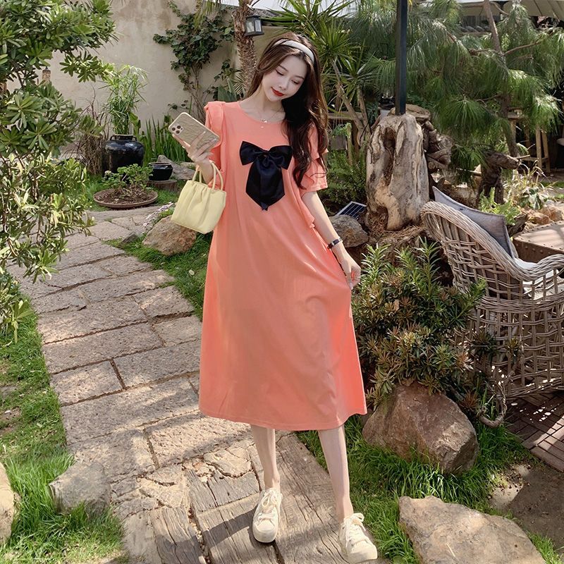 美动态大码女装法式复古撞色慵懒风蝴蝶结裙子胖mm百搭短袖连衣裙