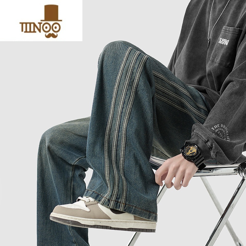 YANXU美式高街复古牛仔裤男潮牌做旧条纹休闲裤宽松直筒阔腿拖地筒高清大图