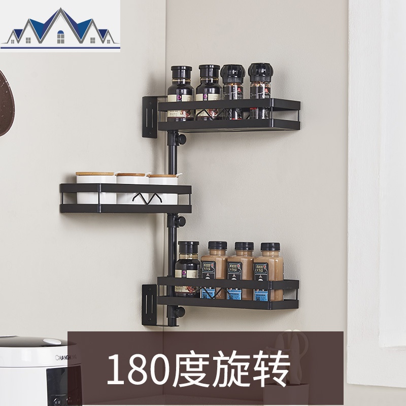 免打孔黑色不锈钢厨房置物架壁挂转角旋转式调料架收纳架 三维工匠高清大图