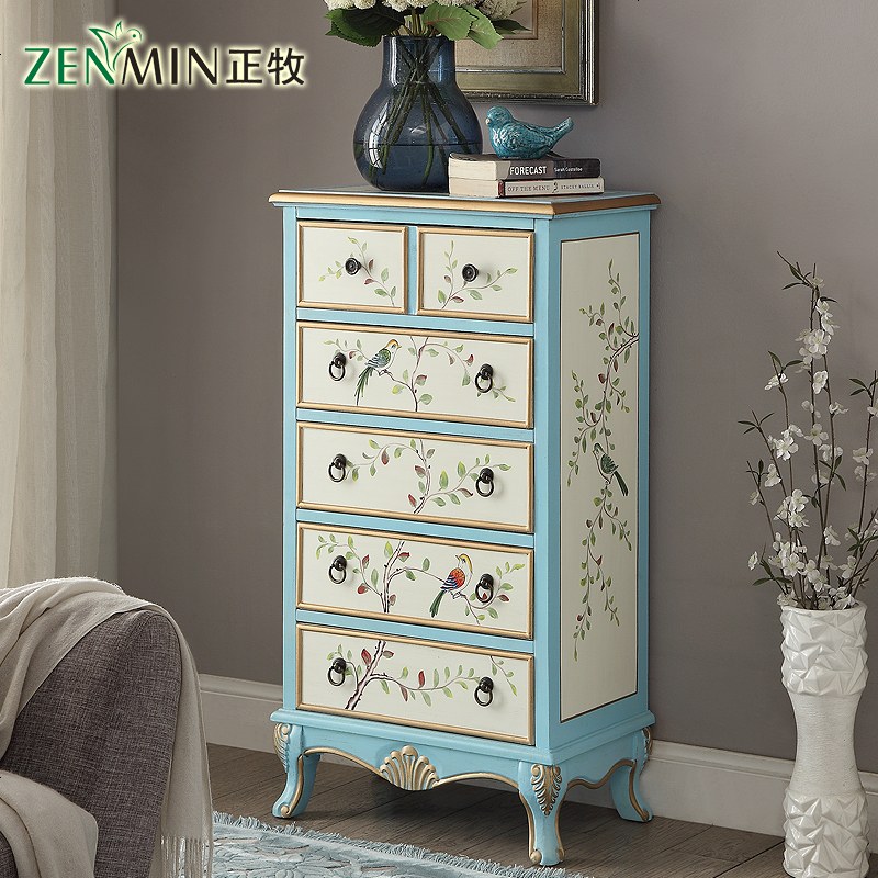 美式卧室五斗柜实木抽屉柜家用斗橱储物柜收纳柜欧式复古彩绘柜子 整装_天蓝色_花鸟蓝