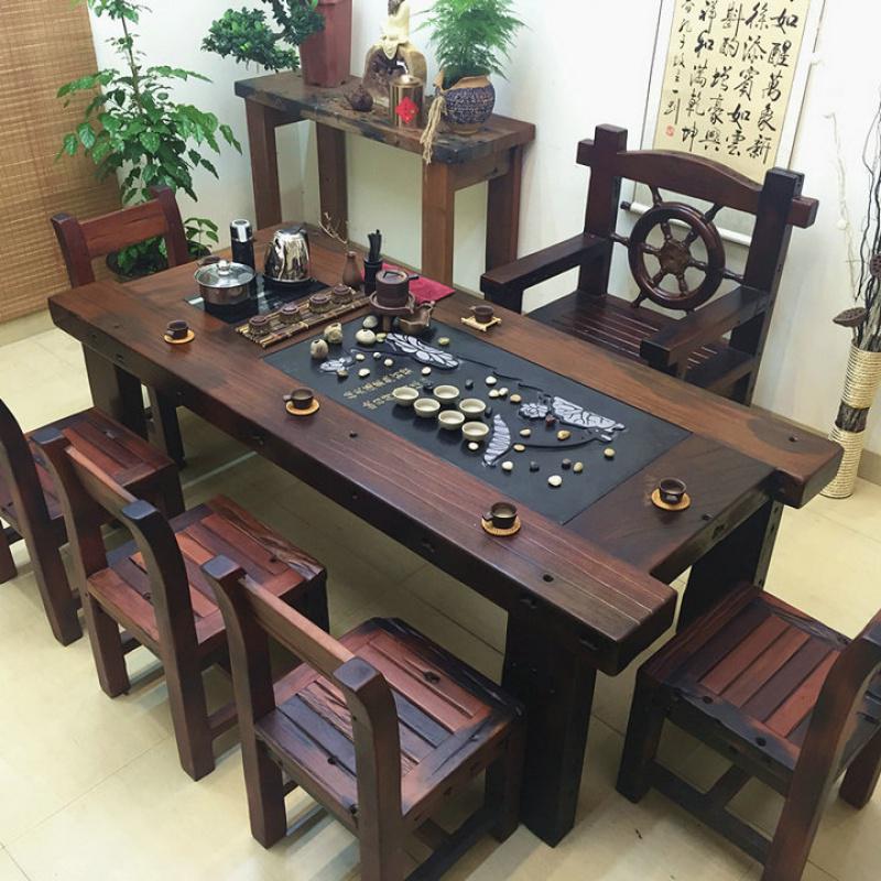 老船木茶桌椅组合实木家具功夫泡茶桌家用小茶台办公中式简约茶几 260+5个靠背+船舵主椅整装