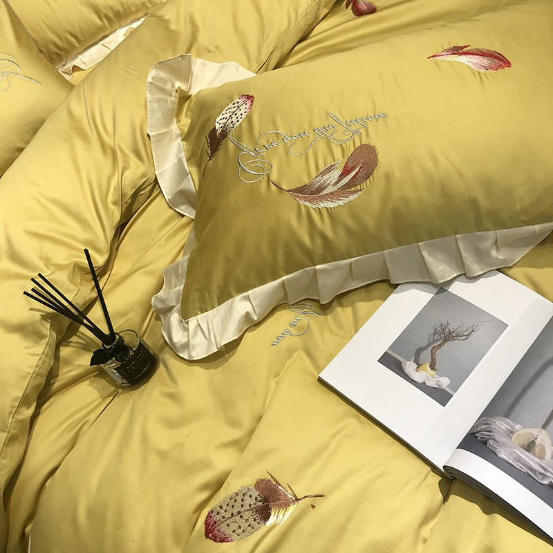 黄色羽毛60支贡缎长绒棉四件套纯棉床单被套全棉小清新床上用