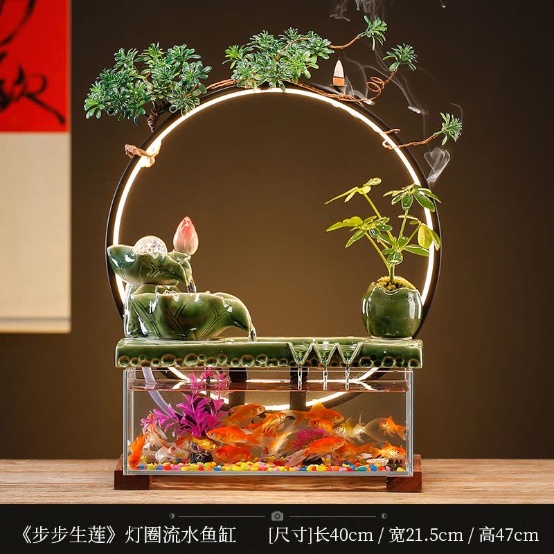 陶瓷流水生财玻璃鱼缸摆件客厅电视柜装饰轮办公开业乔迁礼品图片