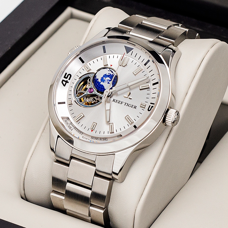 瑞夫泰格(REEF TIGER)休闲商务手表全自动机械表男表地球自转防水星球腕表钢带男士手表RGA1693-3 白壳白面