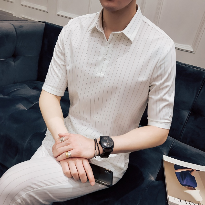 2018夏款新款潮男夜店公子条纹衬衫两件套休闲宽松两件套九分裤男