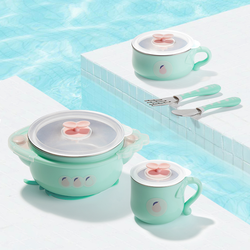 babycare儿童餐具 宝宝餐具 注水保温碗套装 宝宝训练套装餐具不锈钢便携 草莓款 薄荷绿 3880