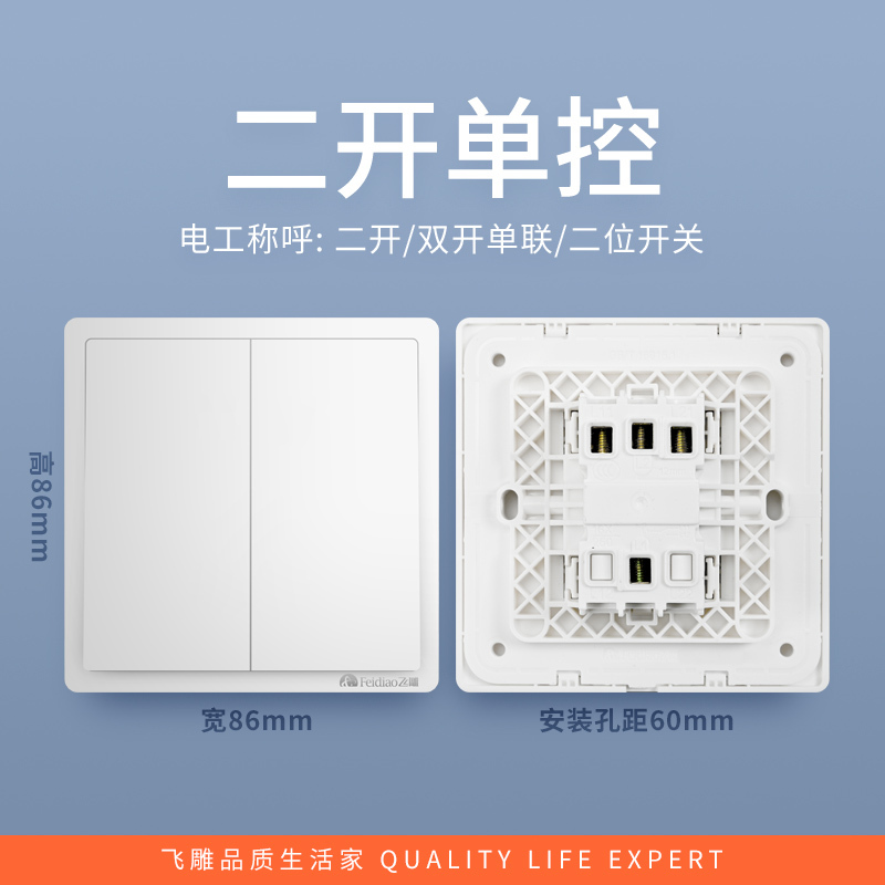 飞雕(FEIDIAO)开关插座 86型家用暗装超大面板 品意系列电源墙壁开关面板 品意白二开单控