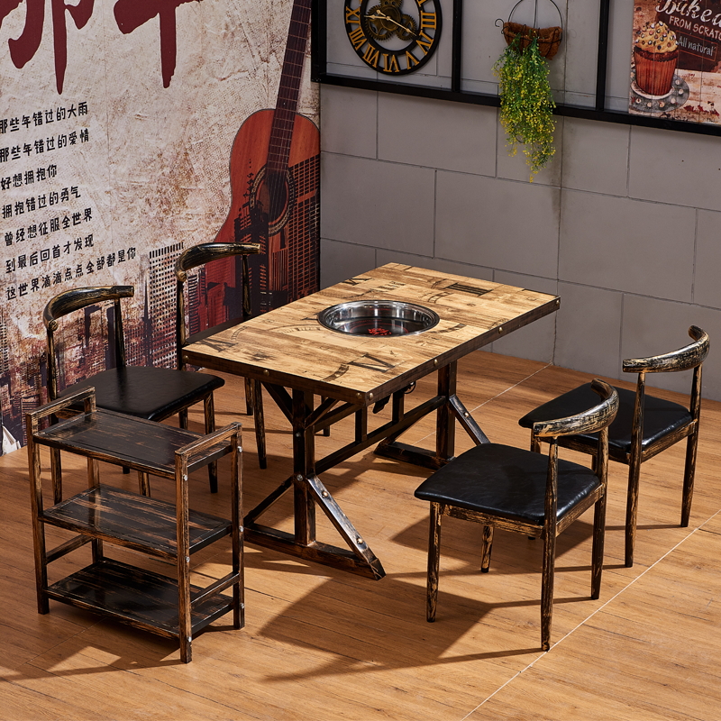 火锅烧烤店串串香桌子餐馆商用煤气灶电磁炉一体饭店火锅桌椅组合 米字桌配牛角椅（下沉炉）官方标配
