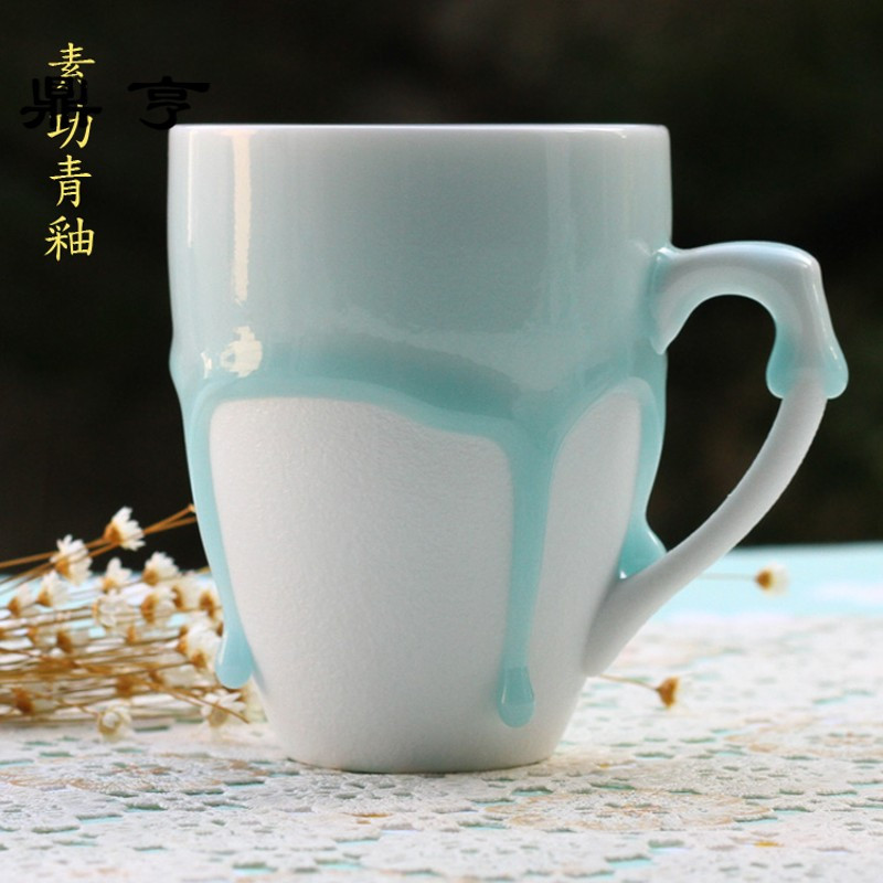 鼎亨简约陶瓷杯子带把手带盖勺创意青釉马克杯个性水杯情侣杯定制