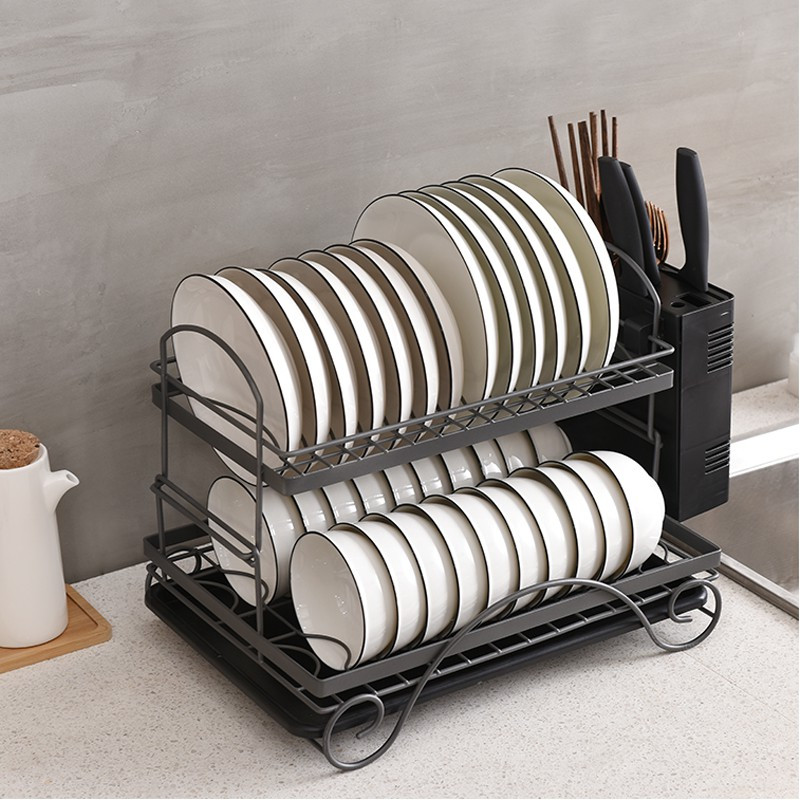 厨房双层碗碟架家用碗筷黑色台面置物架餐具碗盘收纳架碗架沥水架收纳