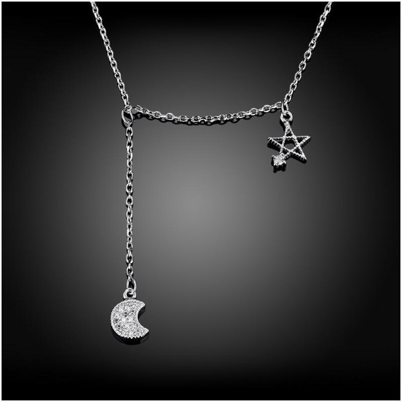 n079 real silver necklace星星月亮925纯银女项链订婚情侣首饰送女
