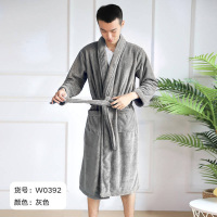 斜月三星 成人吸水大浴袍秋冬季珊瑚绒情侣睡袍男女浴衣长袖睡衣家居服柔软亲肤 （均码） 灰色-浴袍套装