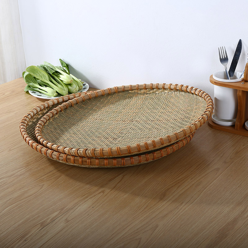 圆形竹编簸箕篮金铂喜手工家用竹制果篮收纳篮竹匾凉晒筐筛子菜筐原色