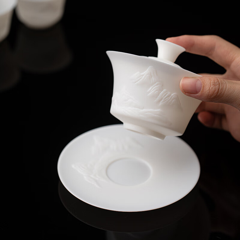 苏氏陶瓷/SUSHI CERAMICS JA08 冰种玉瓷薄胎泡茶碗浮雕“江山”三才盖碗150ml礼盒装高清大图