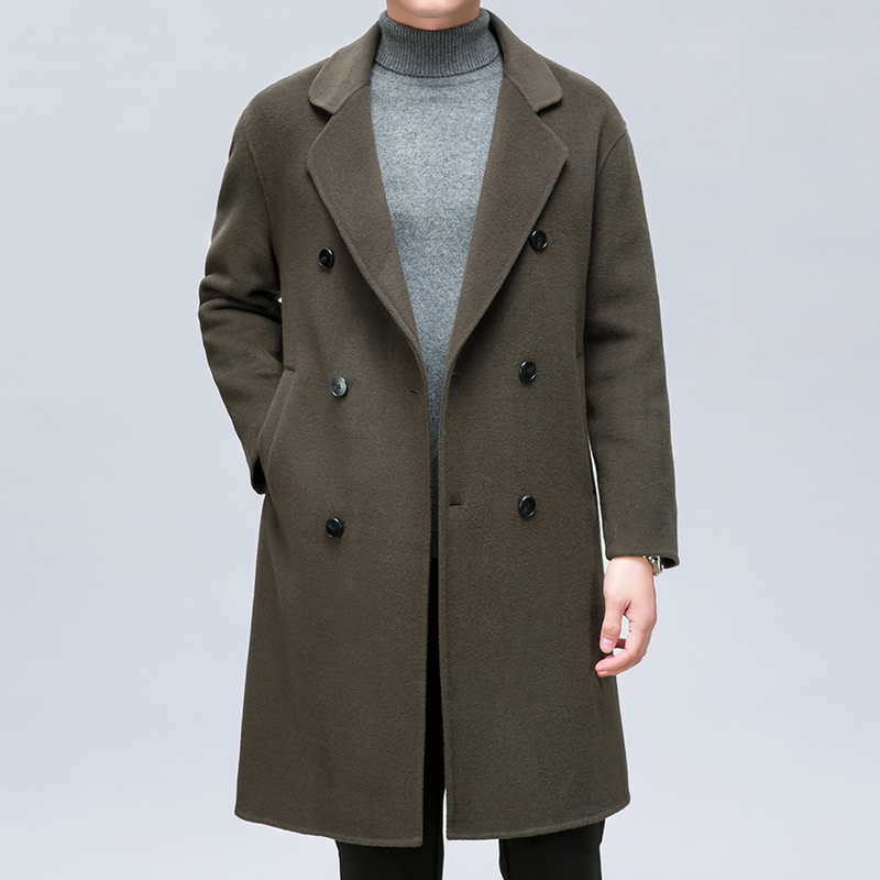 呢子外套男双排扣秋冬新款西装领双面呢羊绒大衣男士中长款休闲纯羊毛