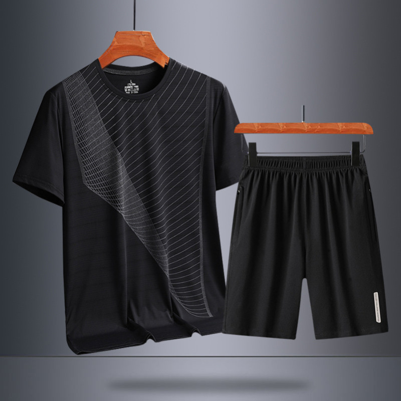 运动套装男冰丝跑步健身短袖透气短裤夏季冰丝t恤篮球上衣男装
