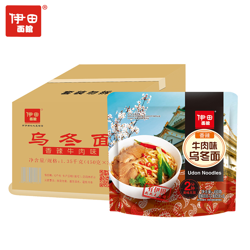 伊田面馆 乌冬面带酱 方便速食 非油炸 3连包香辣牛肉味 450g*3袋