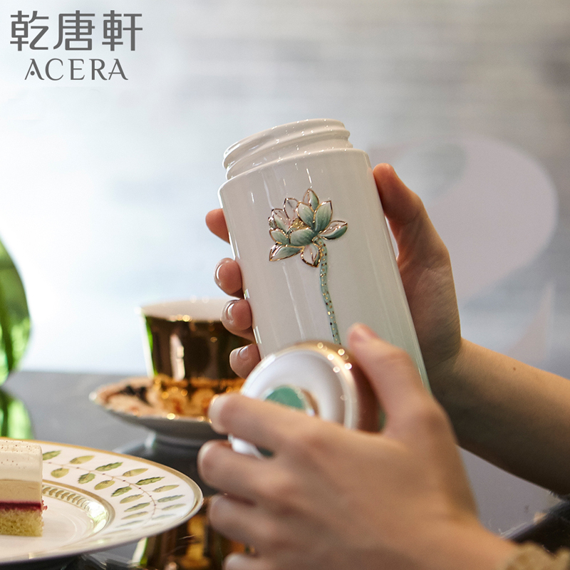 乾唐轩活瓷清心福莲随身杯双层300ml彩绘艺术女士陶瓷水杯 B2B商品