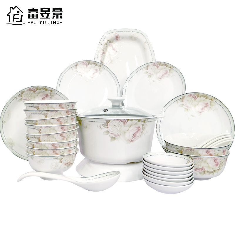 富昱景 景德镇餐具碗碟套装碗菜盘子陶瓷器骨瓷碗碟家用送礼组合吃饭碗 58件春意盎然配明火煲