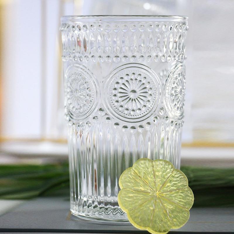 2只复古刻花浮雕太阳花玻璃杯北欧式ins风巴洛克圆形金边家用水杯透明