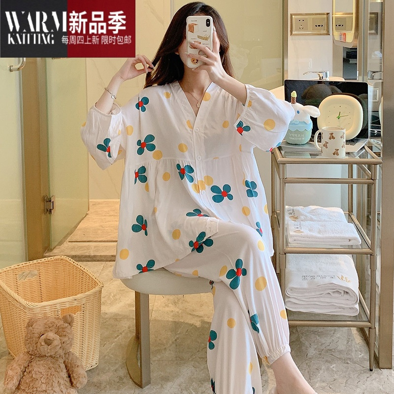 shanchao早秋新款棉绸睡衣女薄款人棉家居服甜美小香风学生绵绸套装