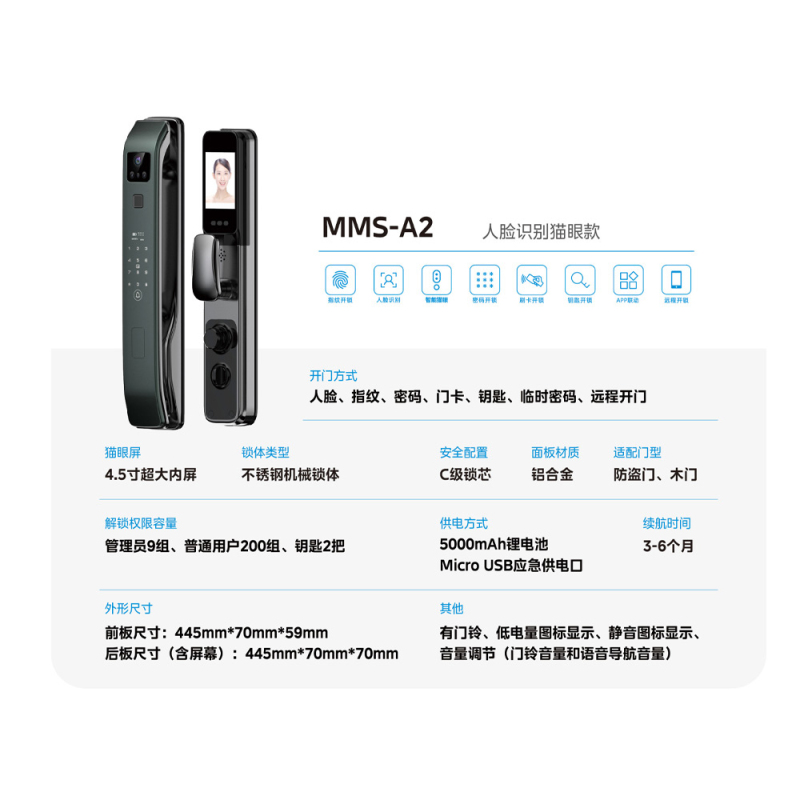 美的(Midea)智能门锁AI人脸4.5寸大屏全无智能联动密码锁指纹锁A2 [人脸识别猫眼款]