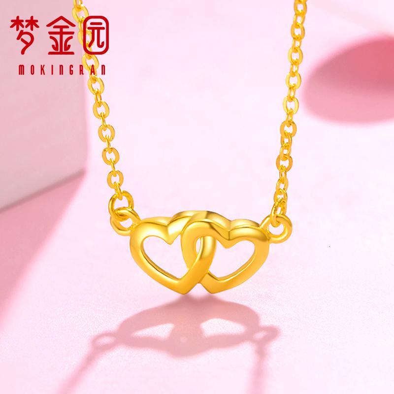 梦金园 金项链 足金999心心相连吊坠套链5G工艺锁骨链女